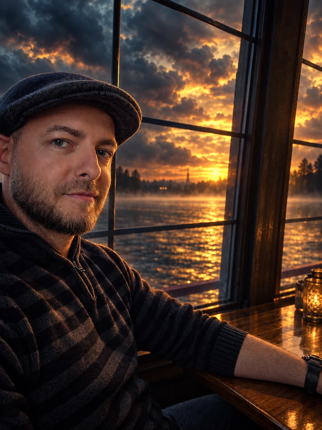 Portrait of R. C. Martinez beside a sunset lake